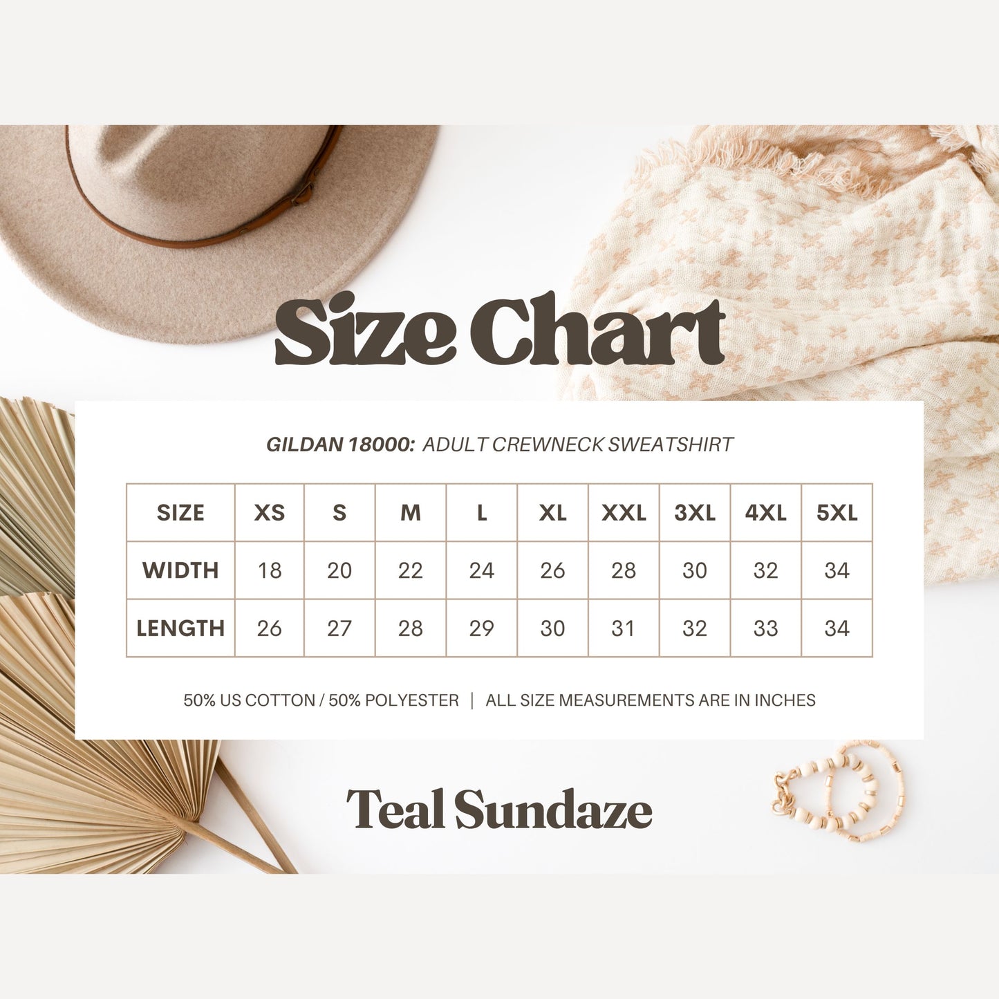 Size chart for Gildan 18000 adult crewneck sweatshirt with clothing items on a white background