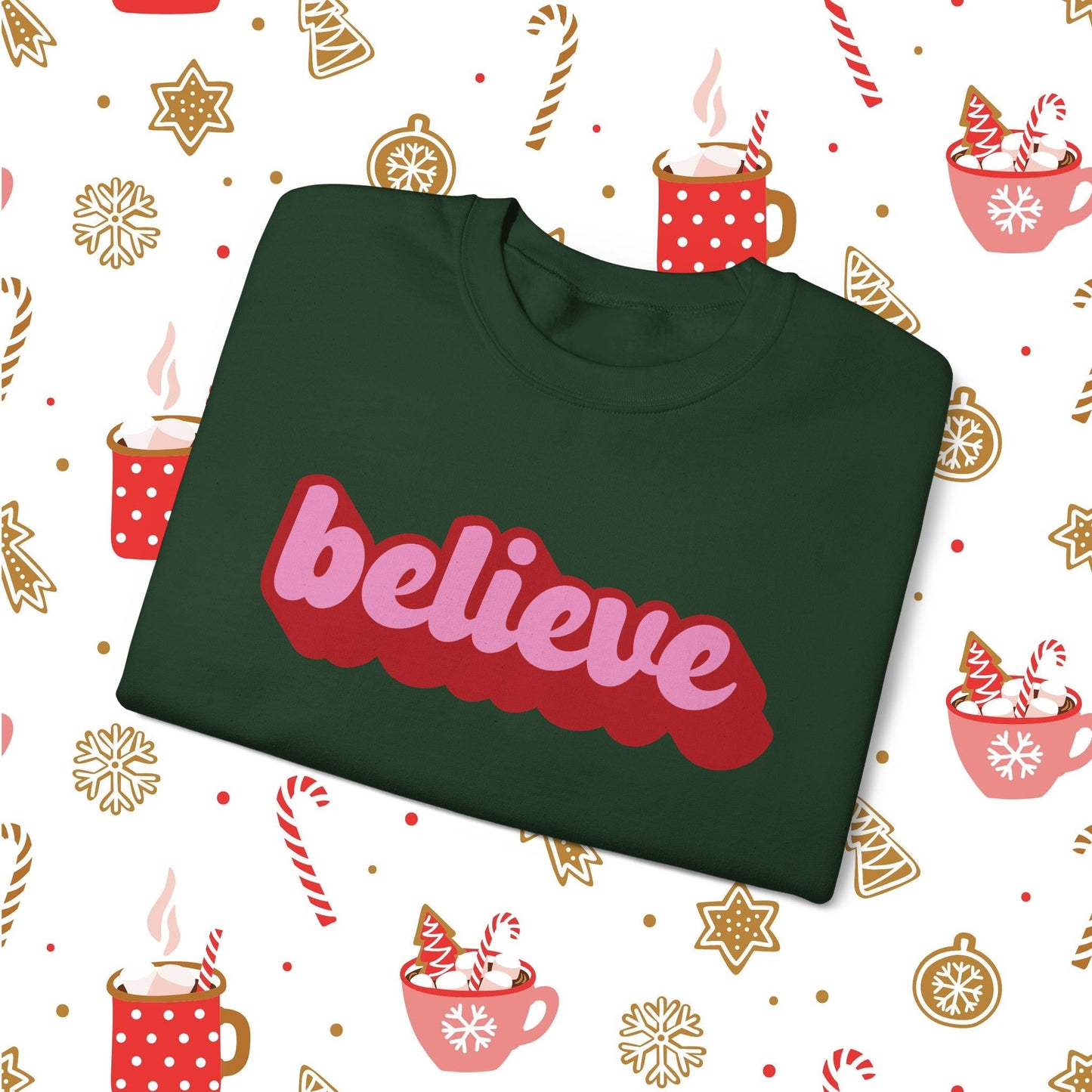Believe Christmas Sweatshirt | Pink Retro Holiday Crewneck for Women | Cute Cozy Christmas Pullover