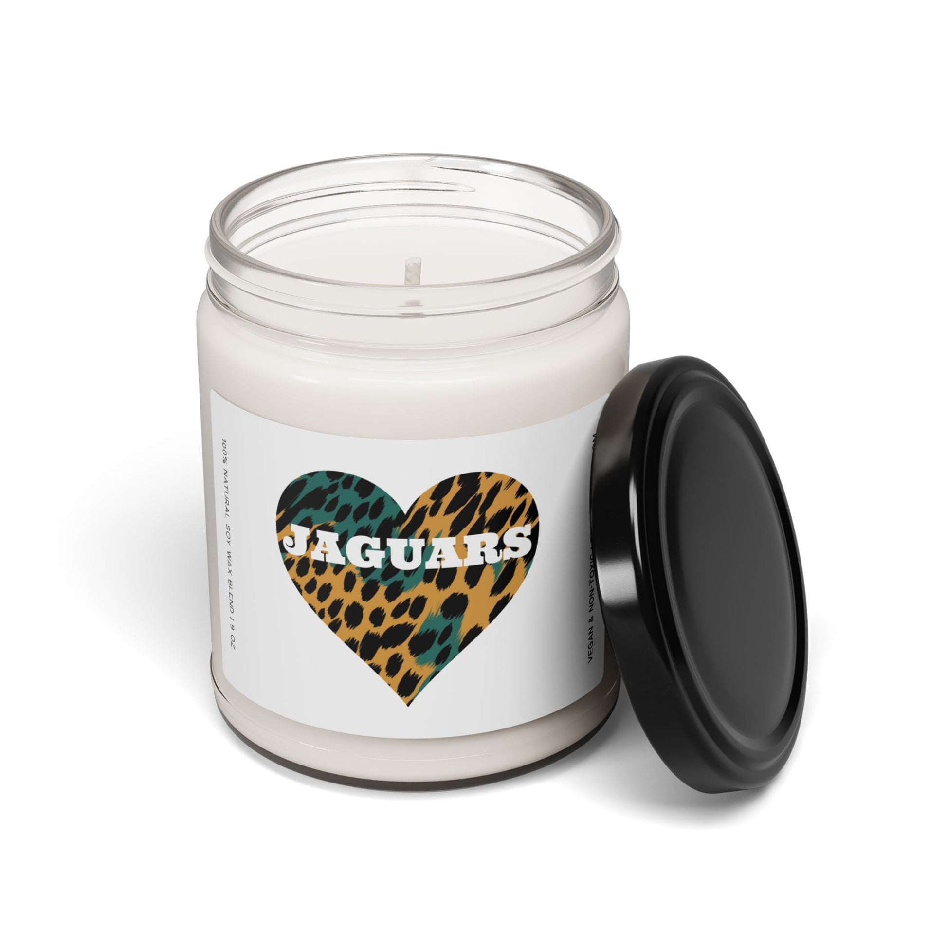 Soy wax candle with a jaguar heart design and 'Jaguars' text on a white background