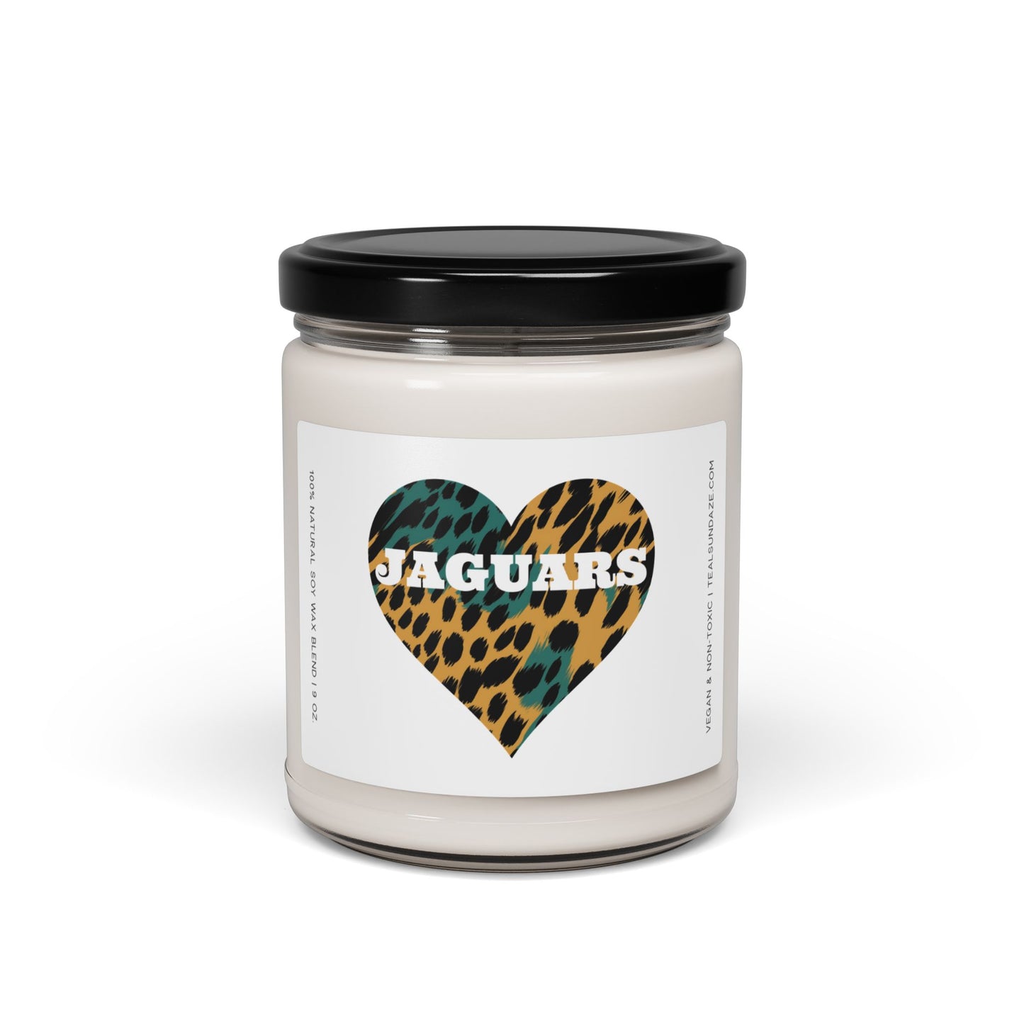Candle with a jaguar print heart and 'Jaguars' text on a white background
