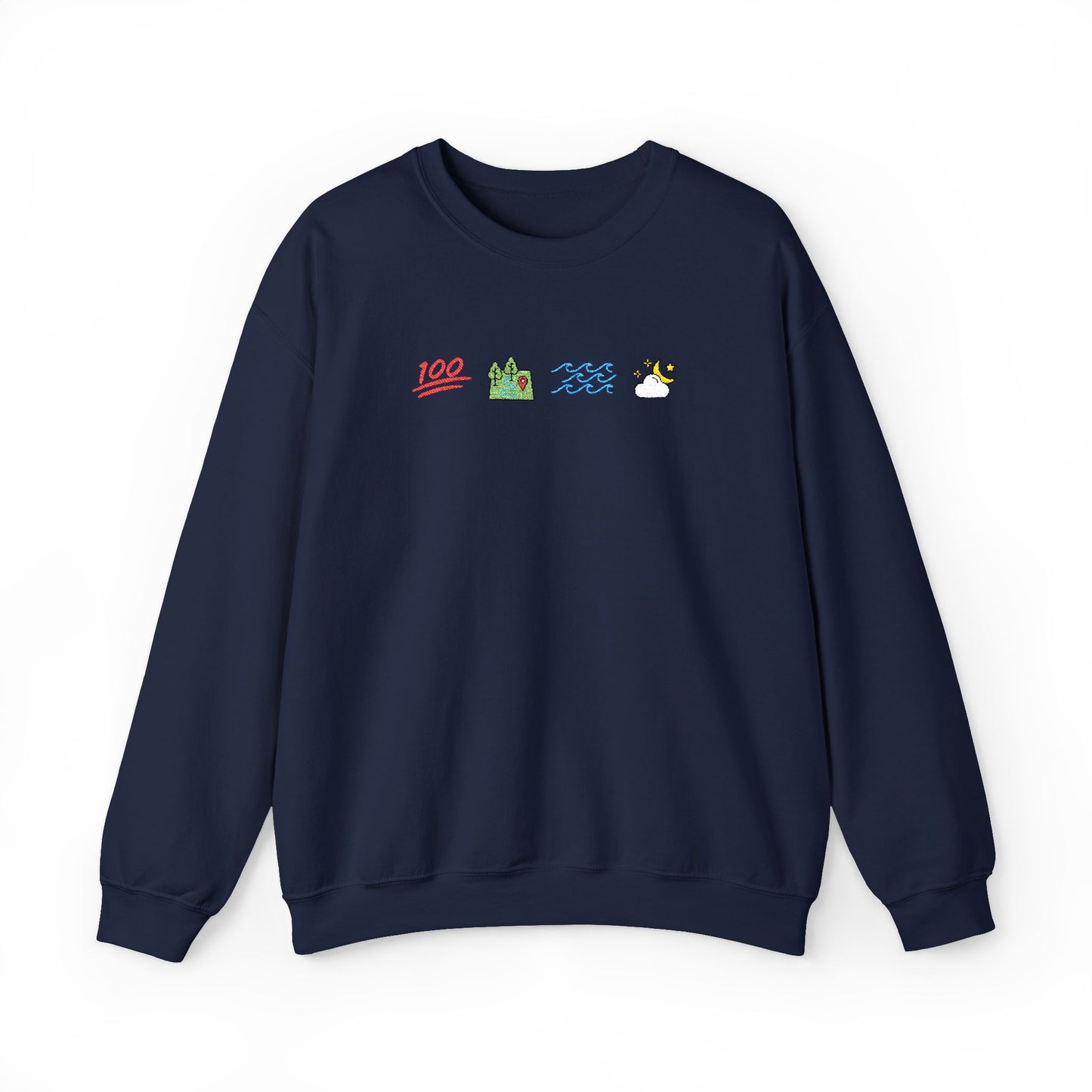 Navy blue Ophelia sweatshirt with colorful icons representing 100, land, sea, sky