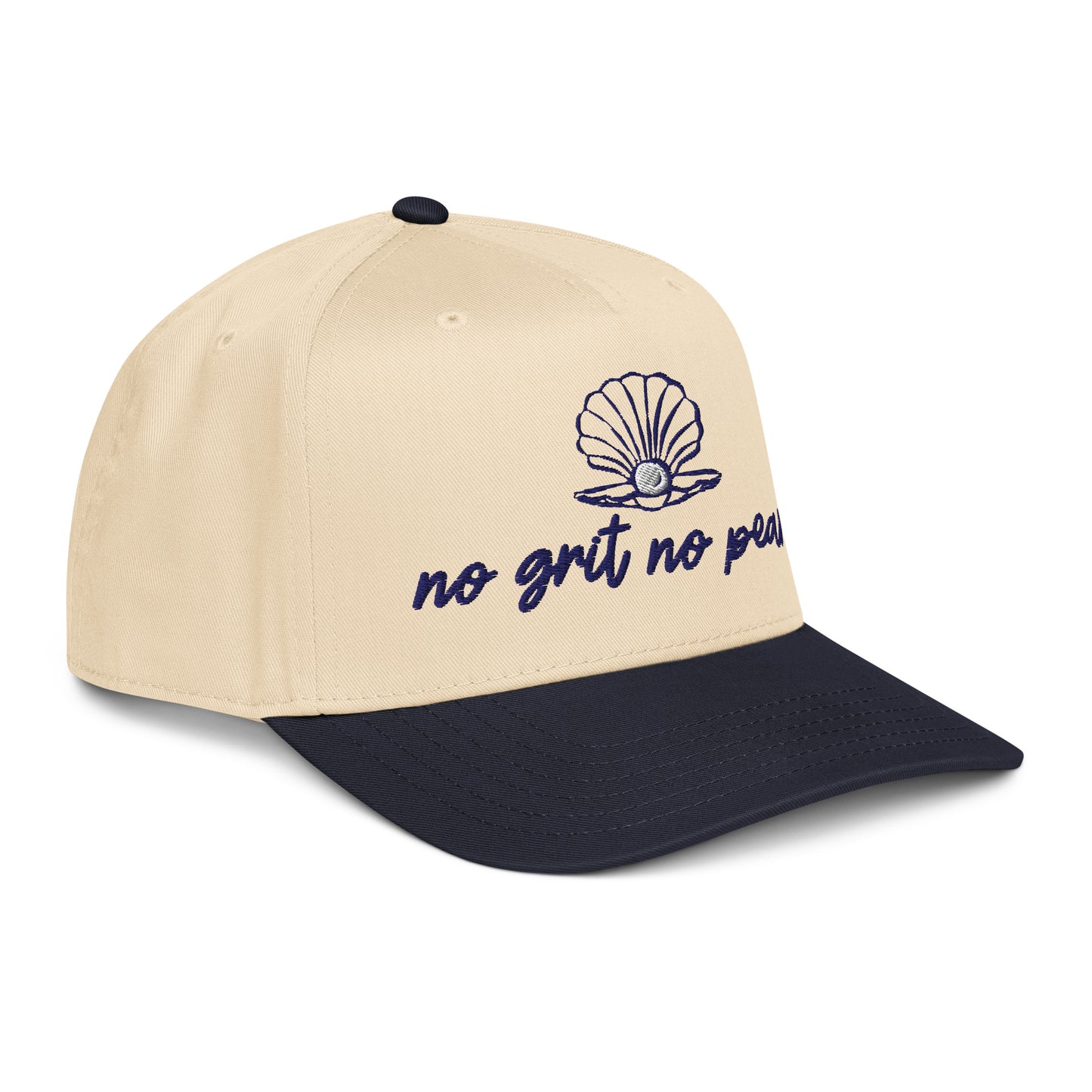 Side view of beige and navy No Grit No Pearl embroidered hat with curved brim by Teal Sundaze
