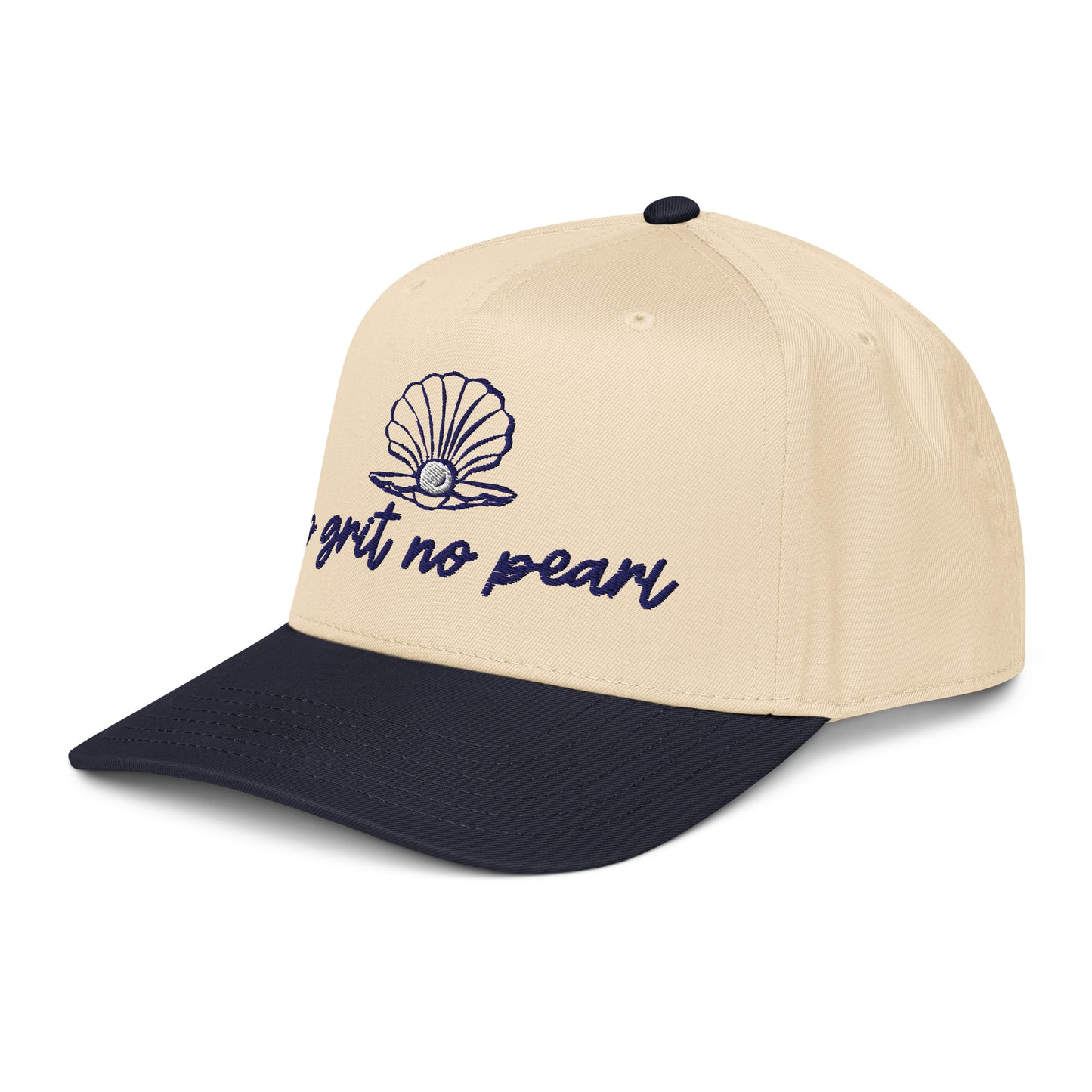 Side view of beige and navy No Grit No Pearl embroidered trucker hat with curved brim by teal sundaze