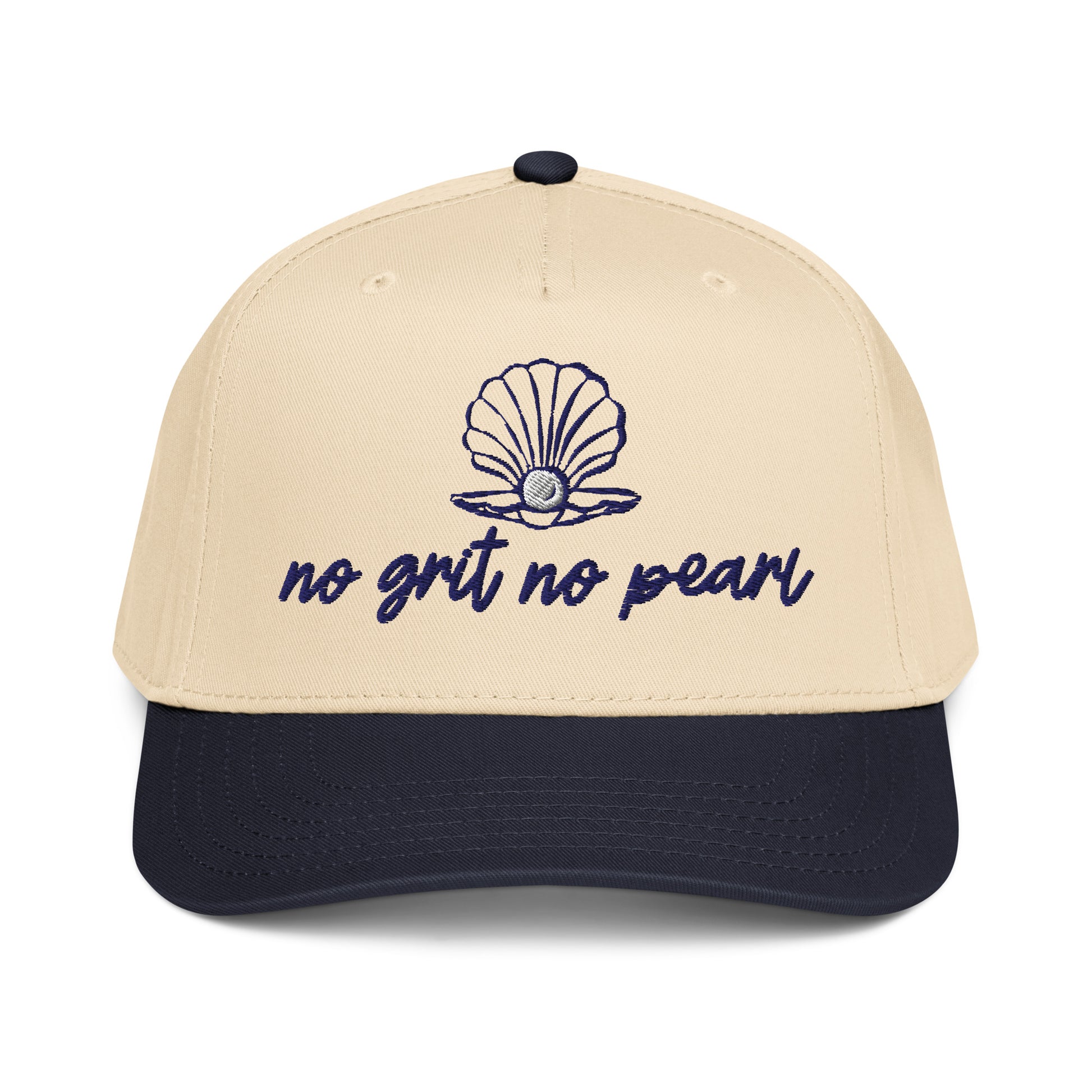 Front view of No Grit No Pearl embroidered trucker hat in beige and navy by Teal Sundaze