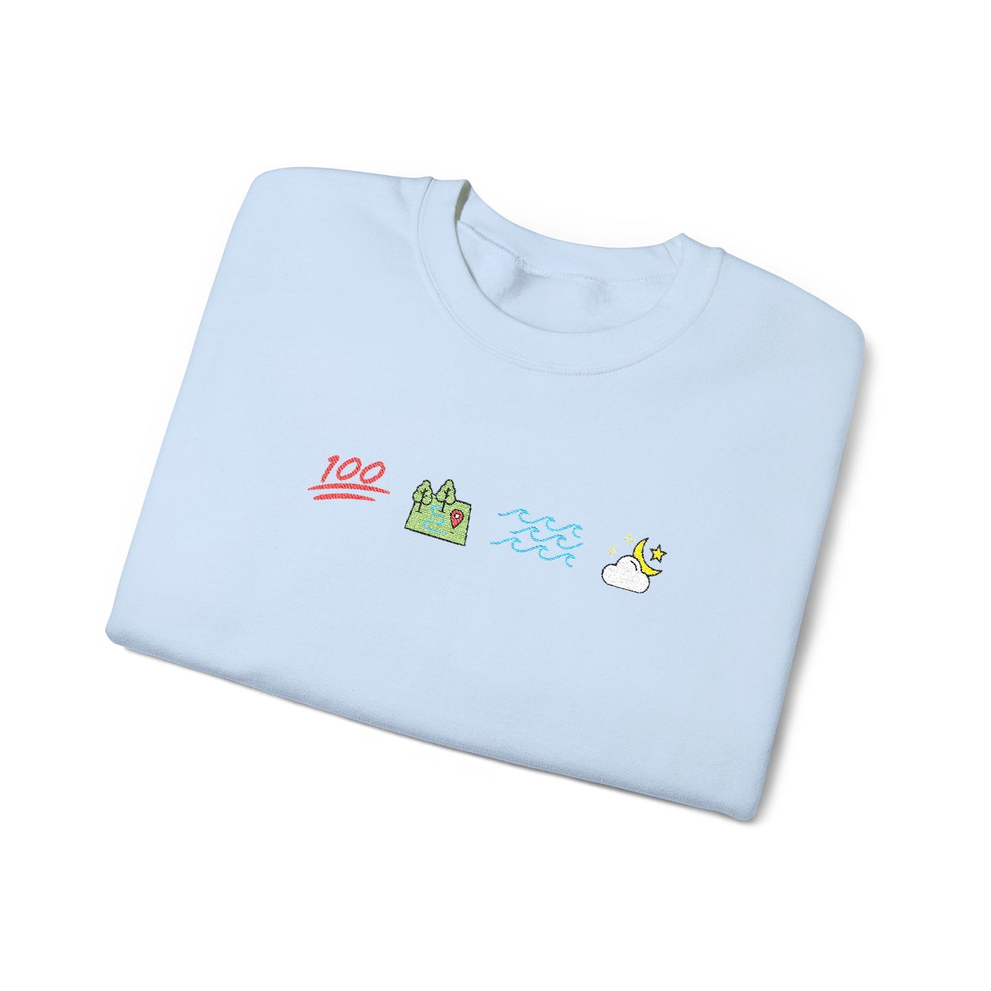 Light blue Ophelia shirt with colorful graphics on a white background
