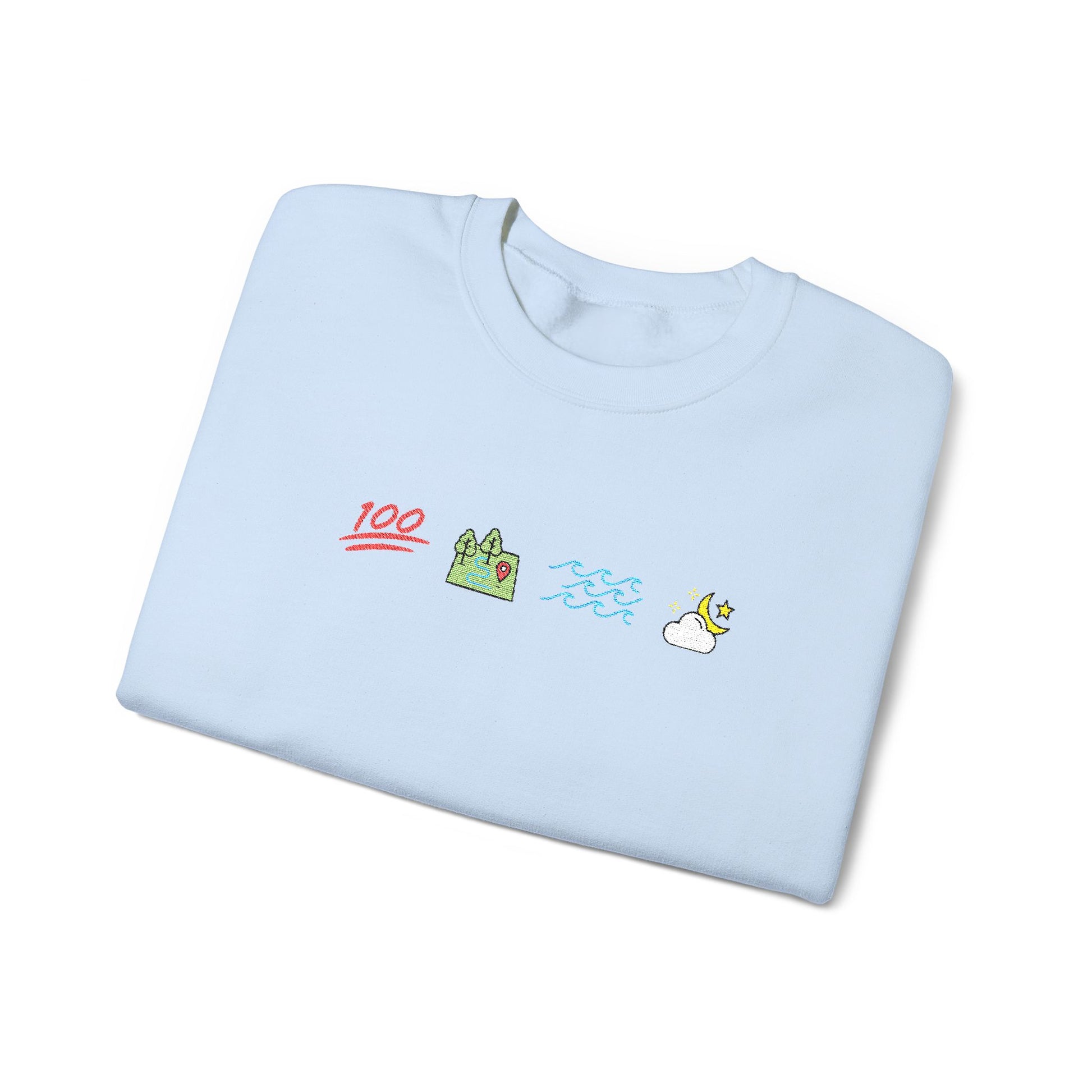 Light blue Ophelia shirt with colorful graphics on a white background