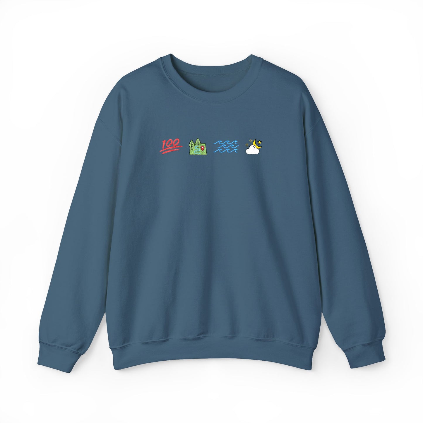 Blue sweatshirt with small graphic design on a white background