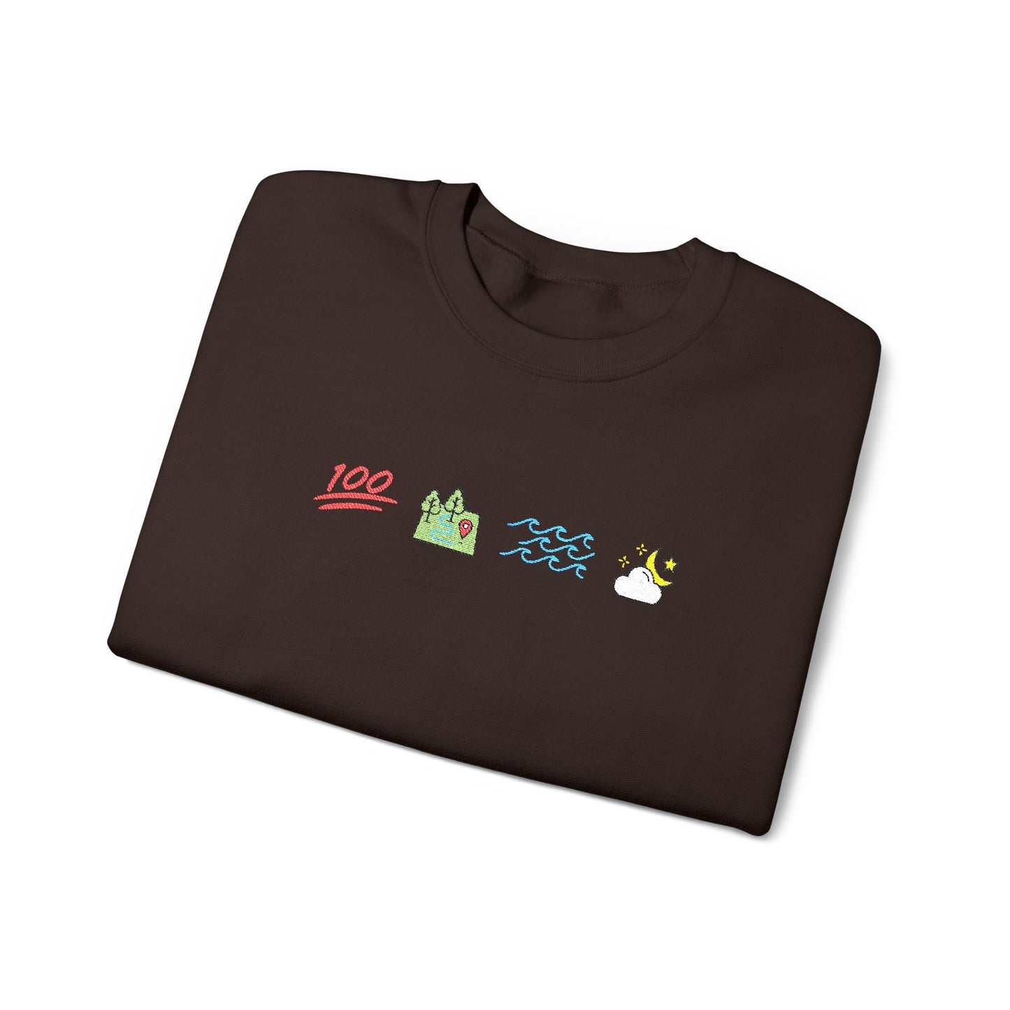 Folded brown Ophelia shirt with colorful graphics on a white background