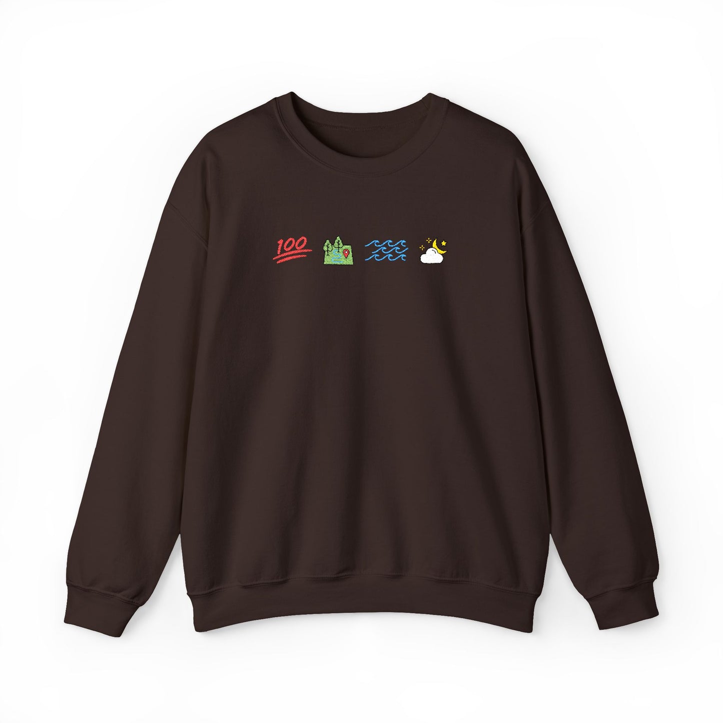 Brown sweatshirt with colorful graphics on a white background by Teal Sundaze