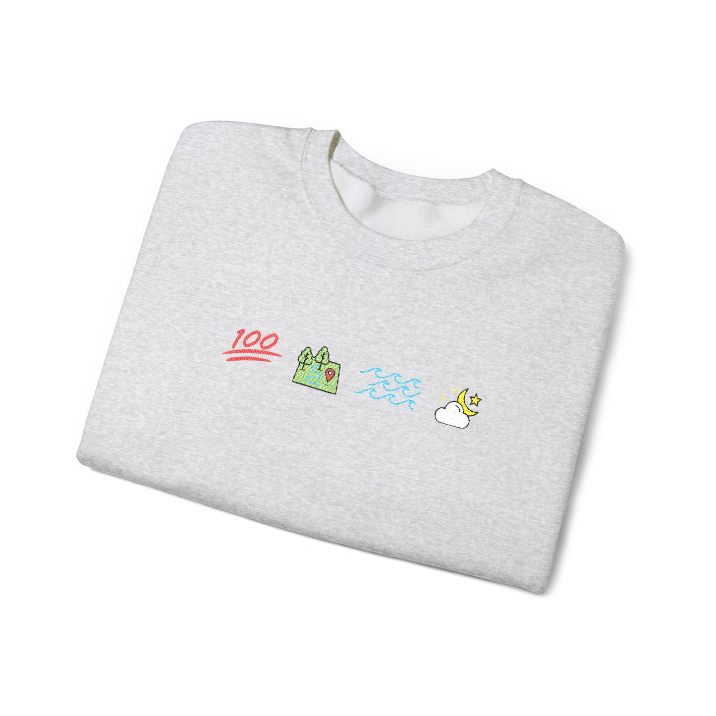 Folded gray sweatshirt with colorful graphics on a white background