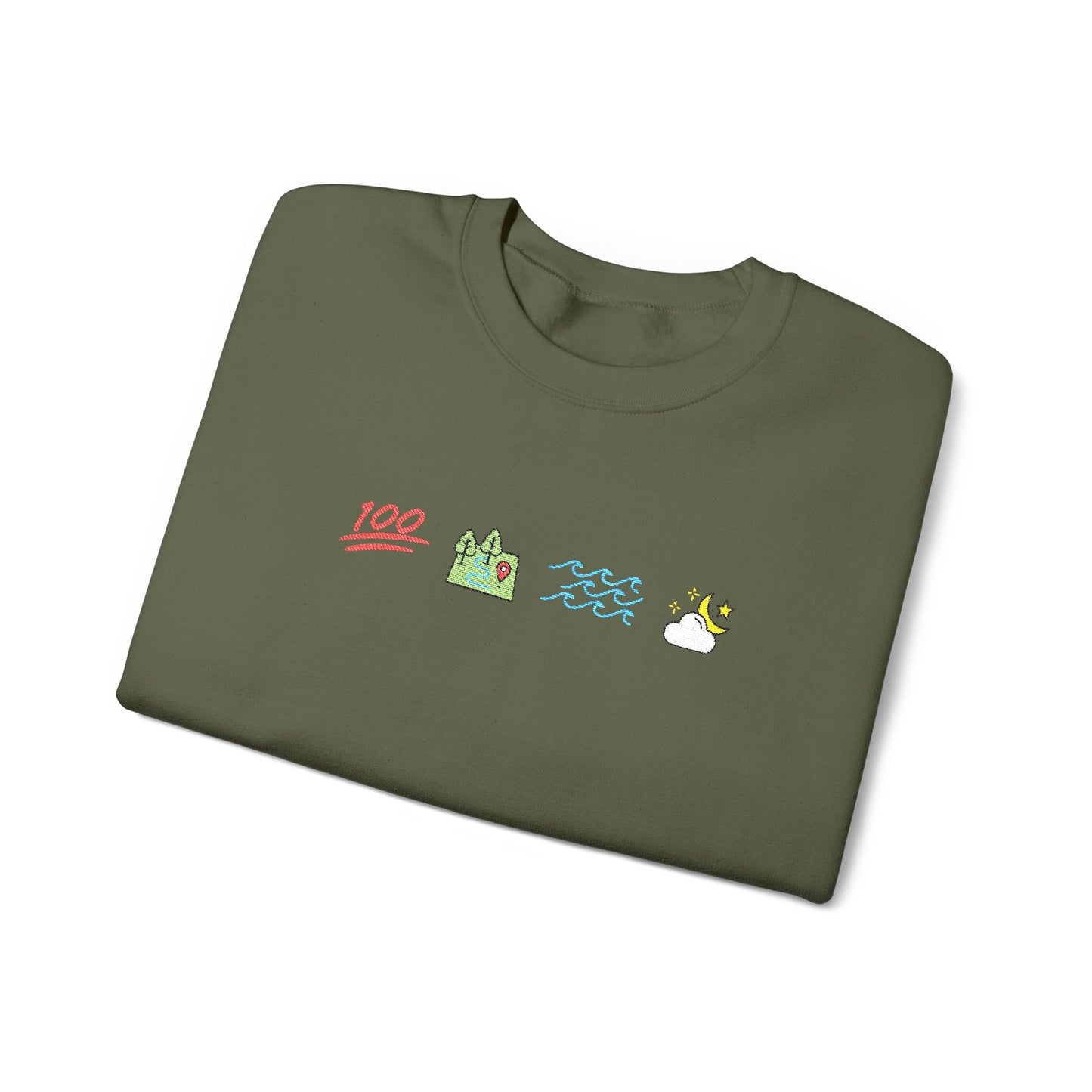 Folded green Ophelia sweatshirt with colorful graphics on a white background