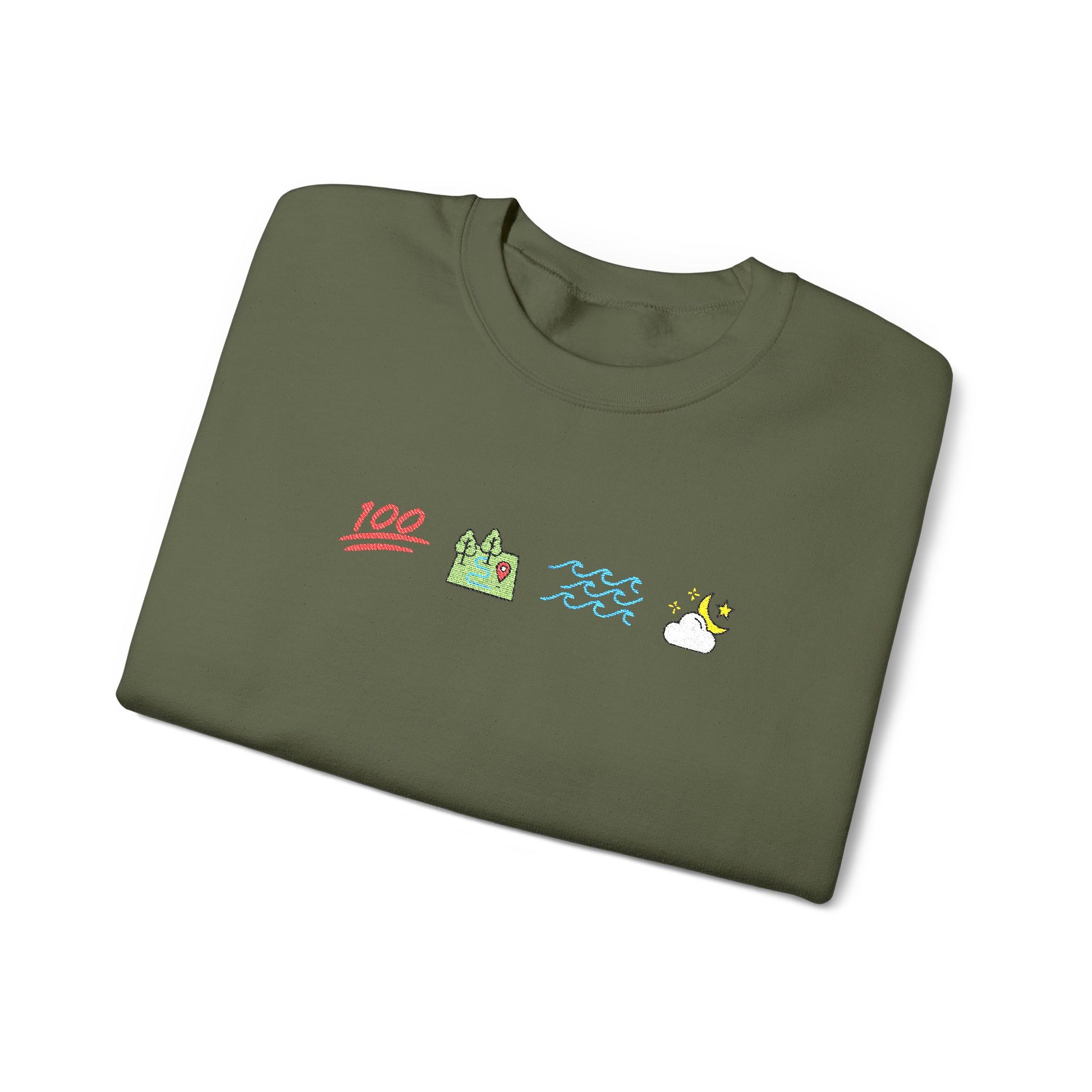 Folded green Ophelia sweatshirt with colorful graphics on a white background