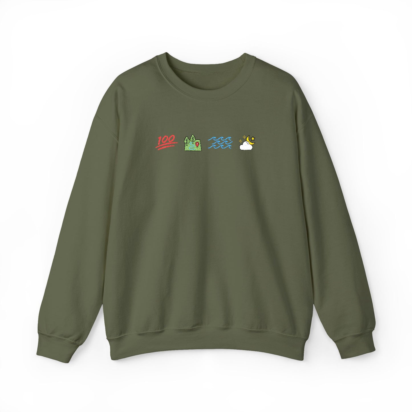 Green Ophelia sweatshirt with small icons on a white background