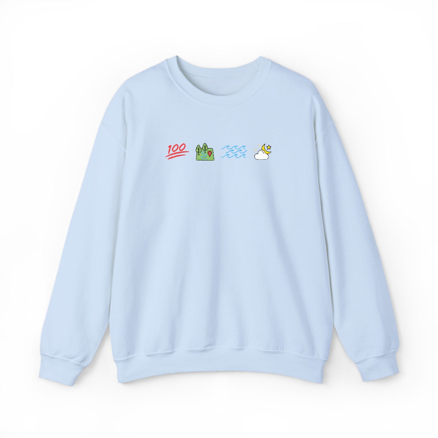 Light blue Ophelia sweatshirt with small graphic designs on a white background