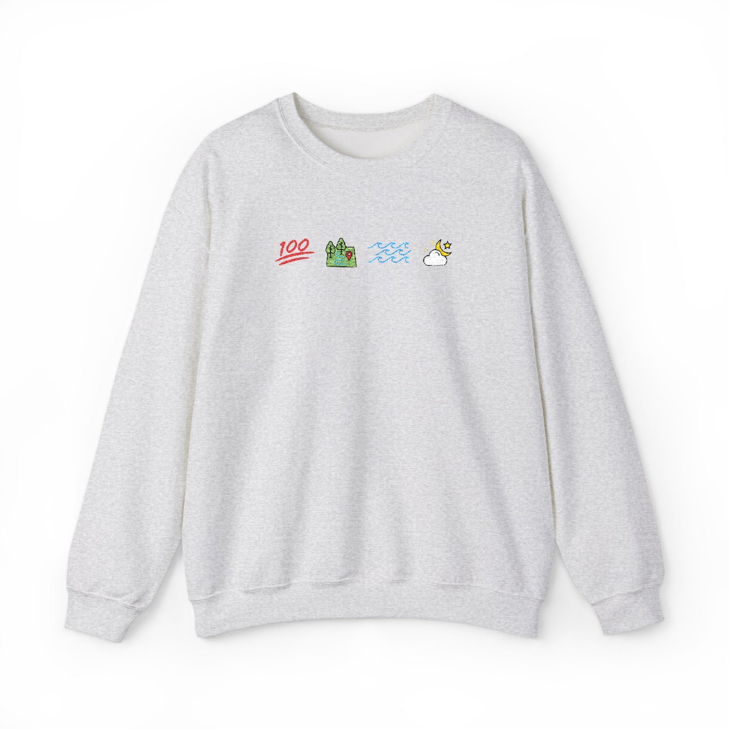 Gray sweatshirt with ophelia themed icons representing land, sea, sky