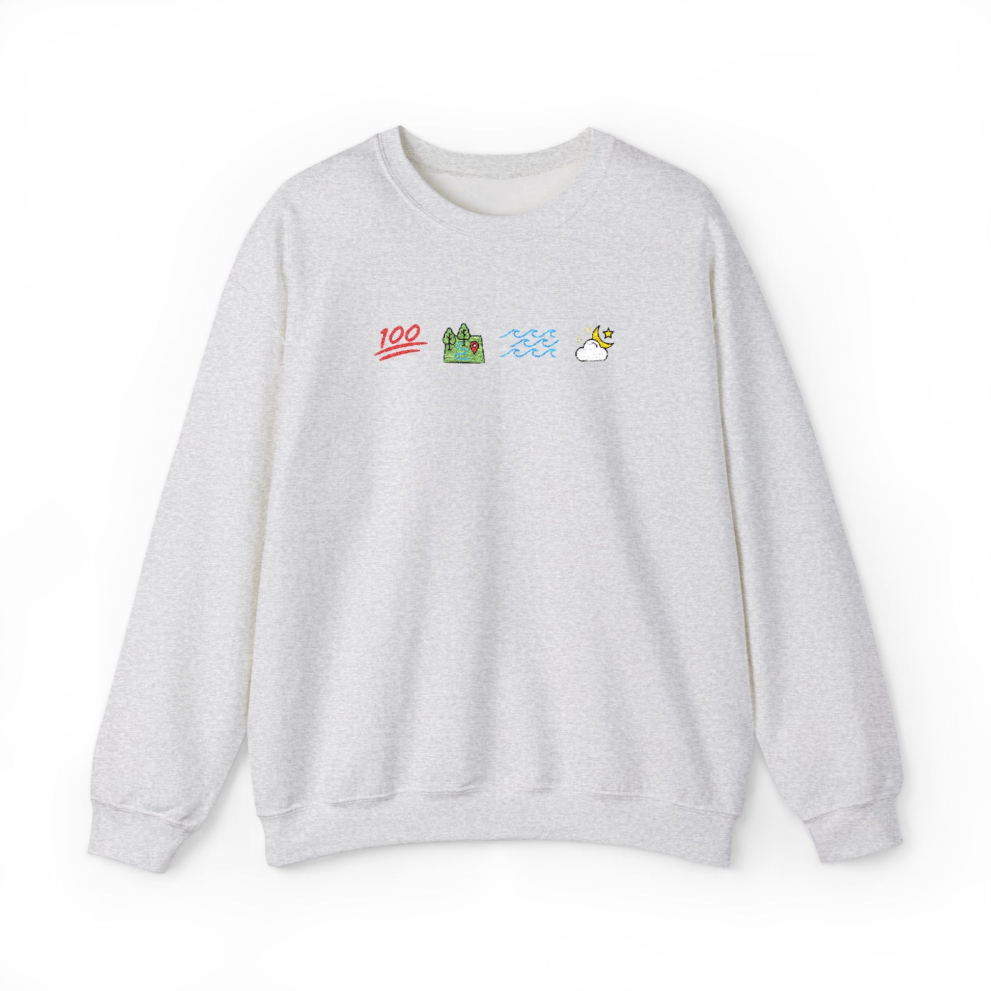 Gray sweatshirt with ophelia themed icons representing land, sea, sky