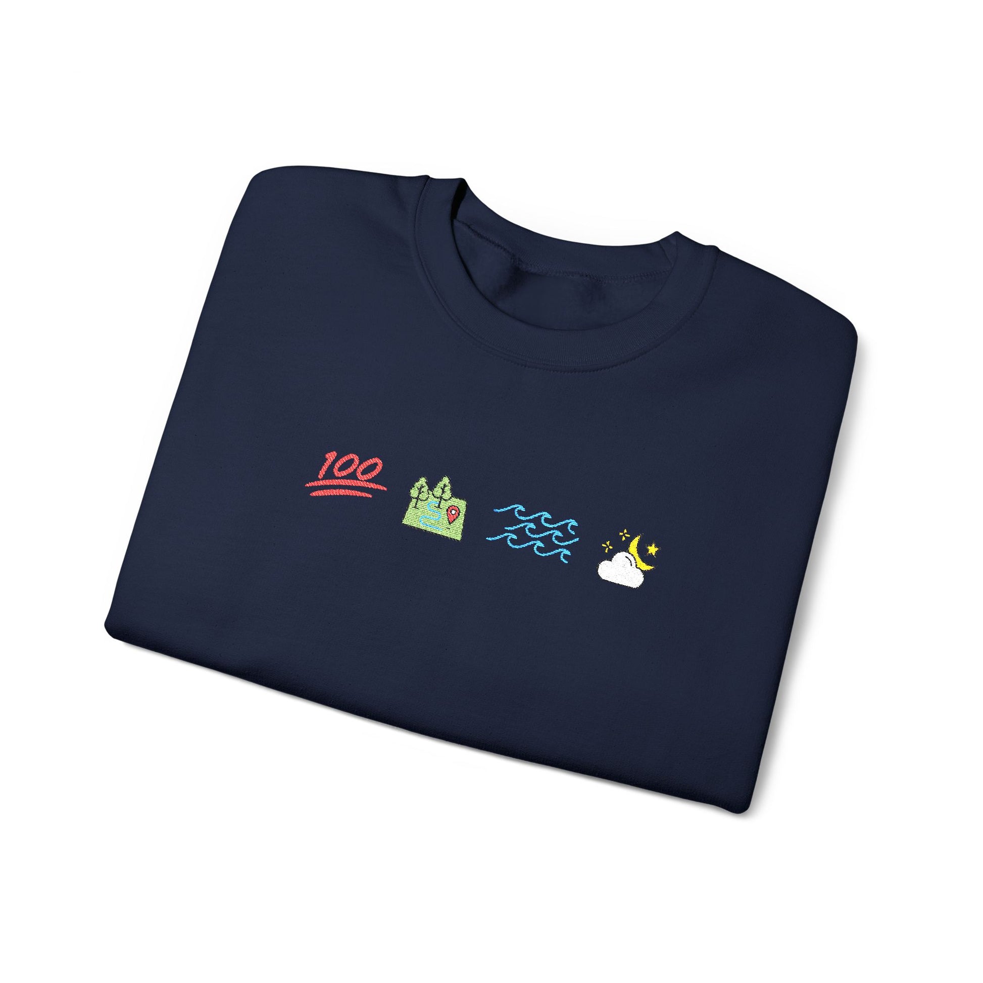 Folded navy blue sweatshirt with colorful graphics on a white background