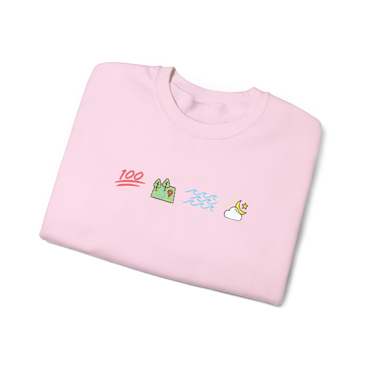Folded pink Ophelia sweatshirt with colorful graphics on a white background