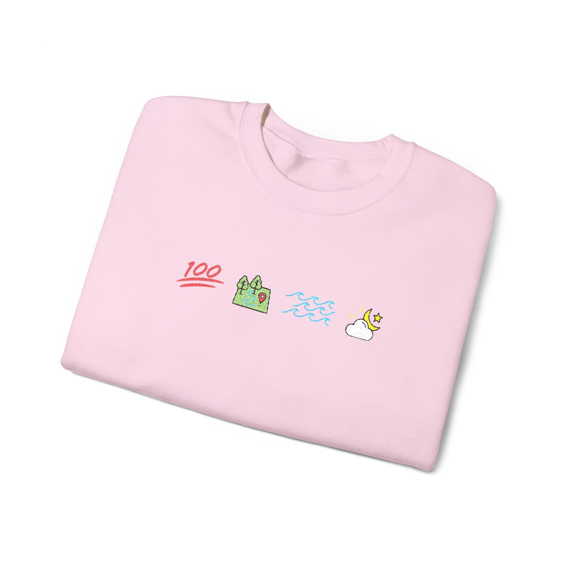 Folded pink Ophelia sweatshirt with colorful graphics on a white background