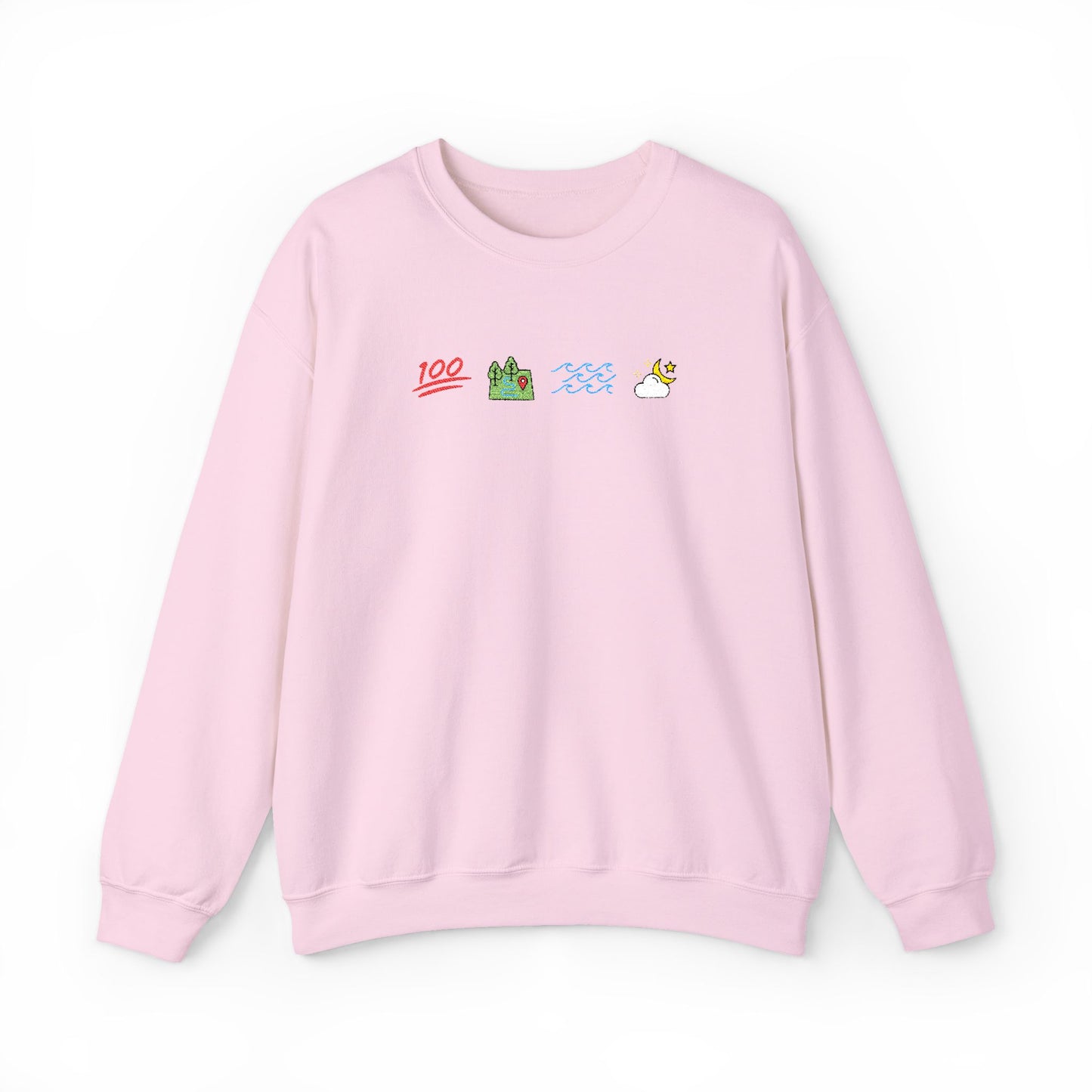 Pink Ophelia sweatshirt with small graphics embroidered on a white background