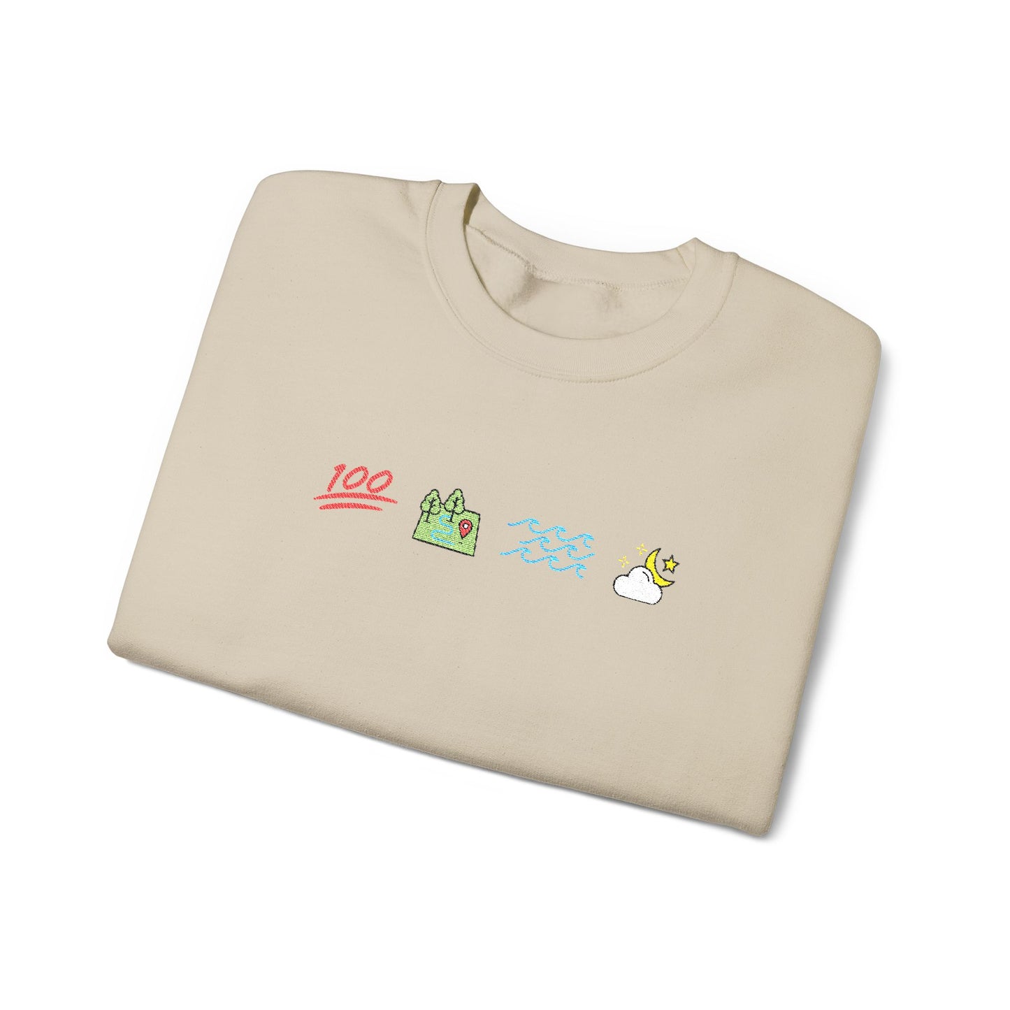 Folded Ophelia sweatshirt with colorful graphics on a white background