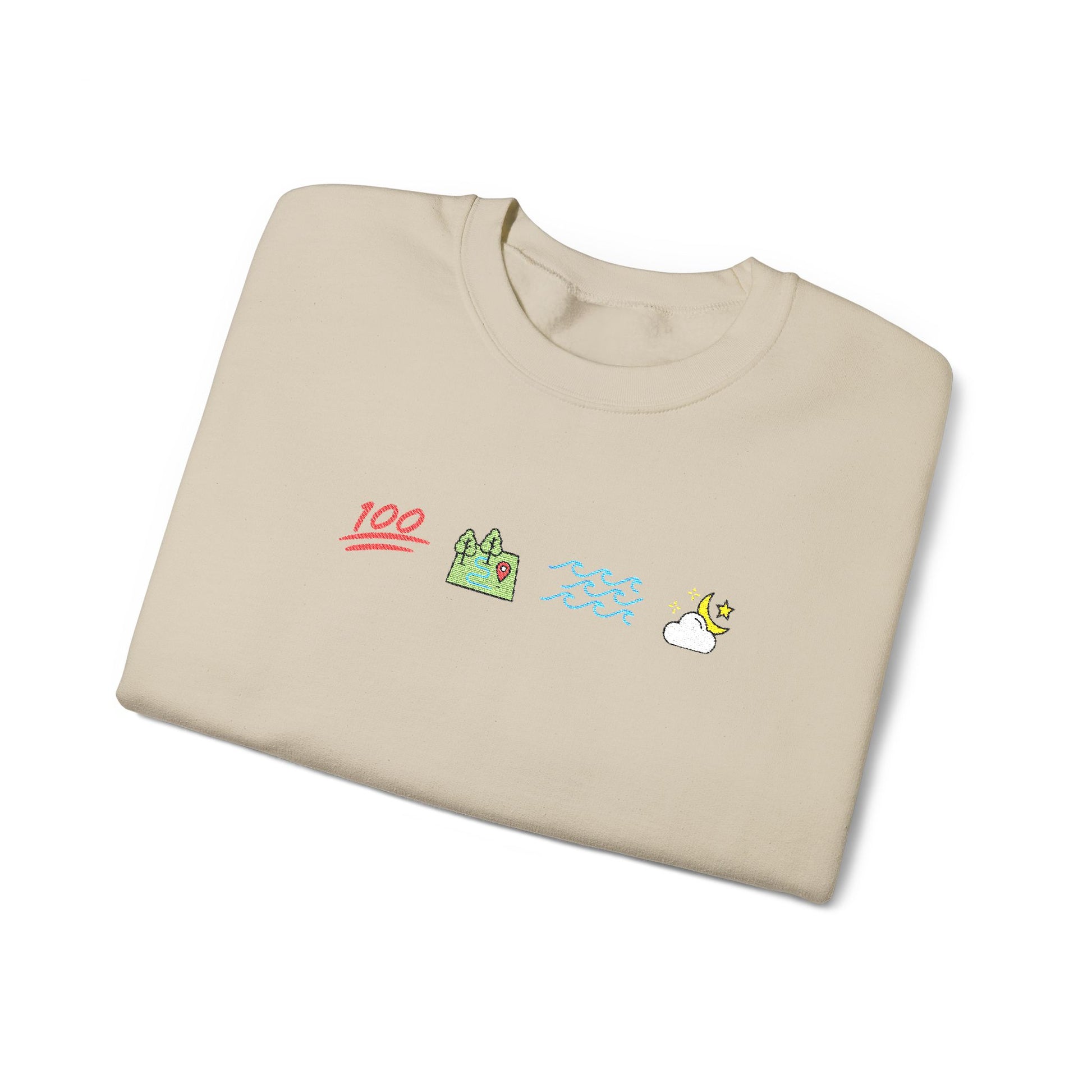 Folded Ophelia sweatshirt with colorful graphics on a white background
