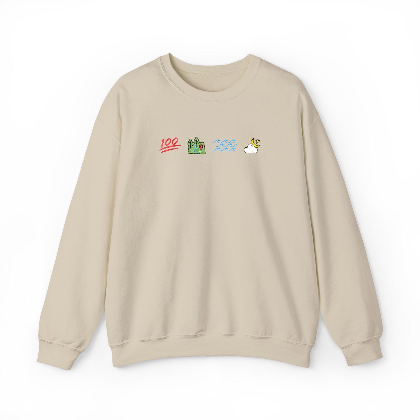 Beige sweatshirt with small graphic designs on a white background designed by Teal Sundaze