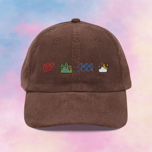 ophelia themed corduroy dad hat with icons for keep it 100 on the land, sea, sky 