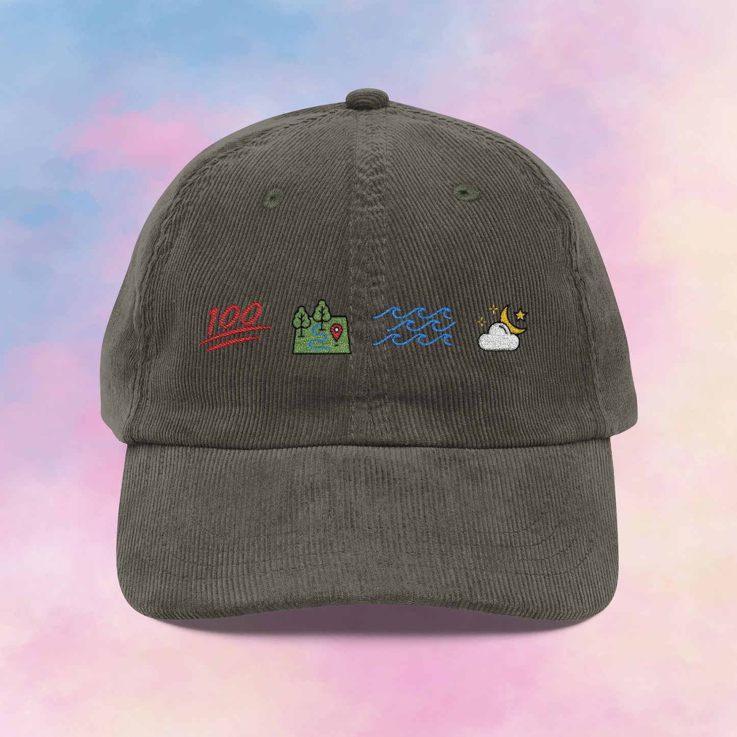 ophelia themed corduroy dad hat with icons for keep it 100 on the land, sea, sky 